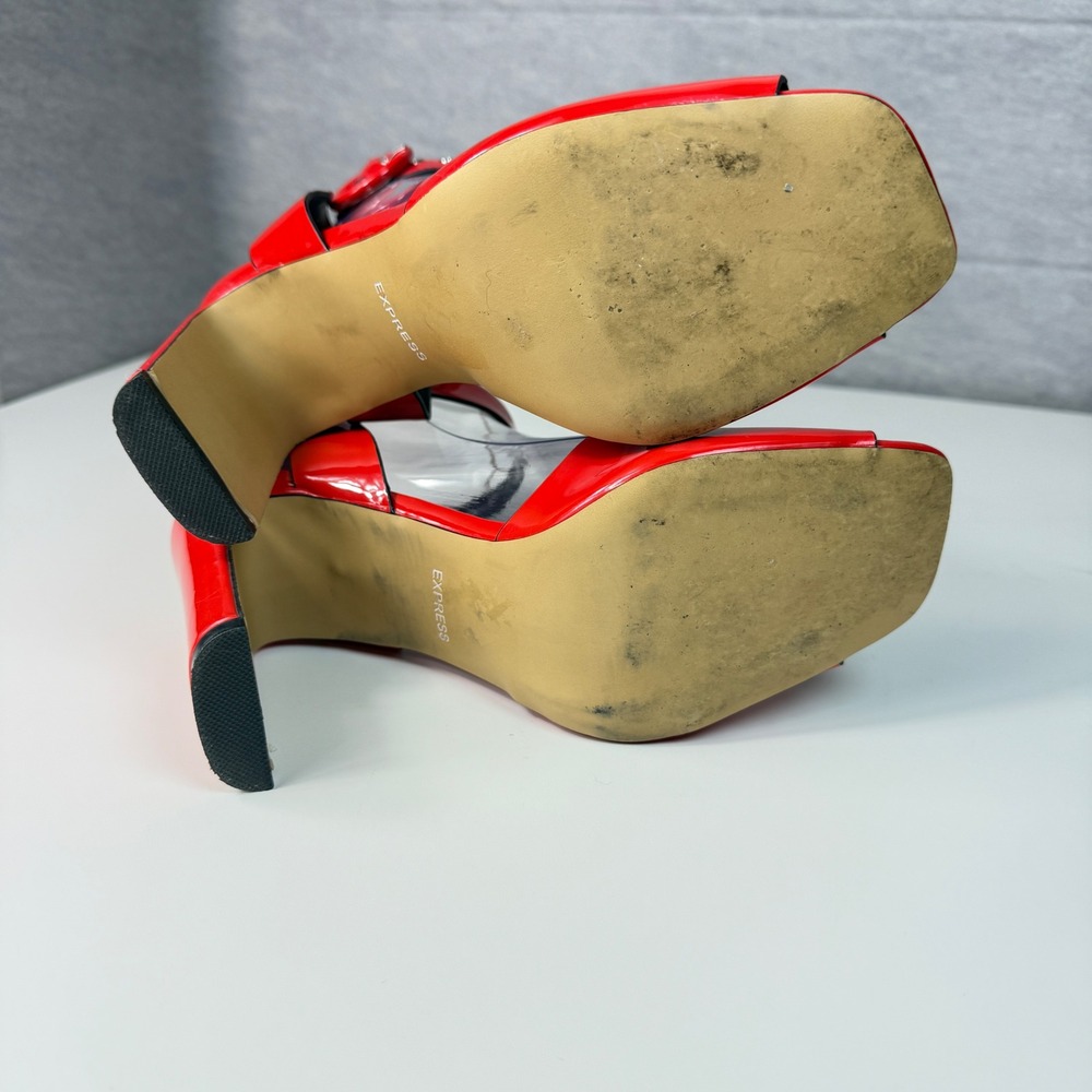 Express Womens Size 7 Red Patent Grommet Ankle Strap Chunky High Heel Sandals - Picture 8 of 13